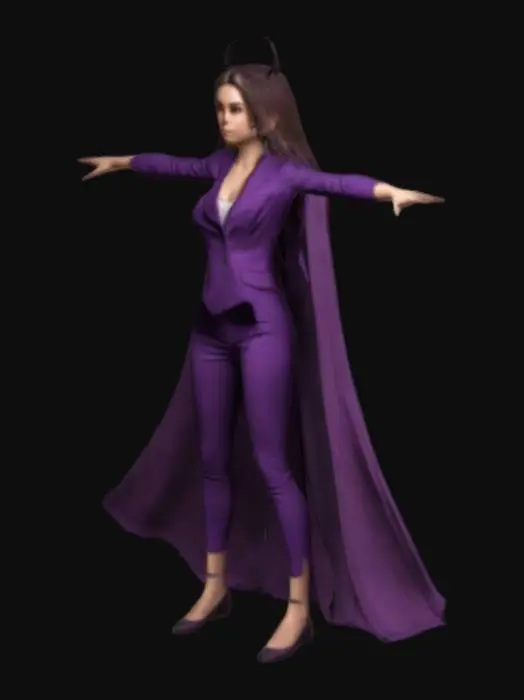 3D model for mujer joven realista en T pose, bien vestida de un traje de color morado fanatasioso oscuro,con el pelo bien distintivo del traje