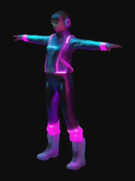 3D model for mujer con ropa futurista con neon y en T pose, como una chica joven de fiesta futurista en el 2111,la chica super realista