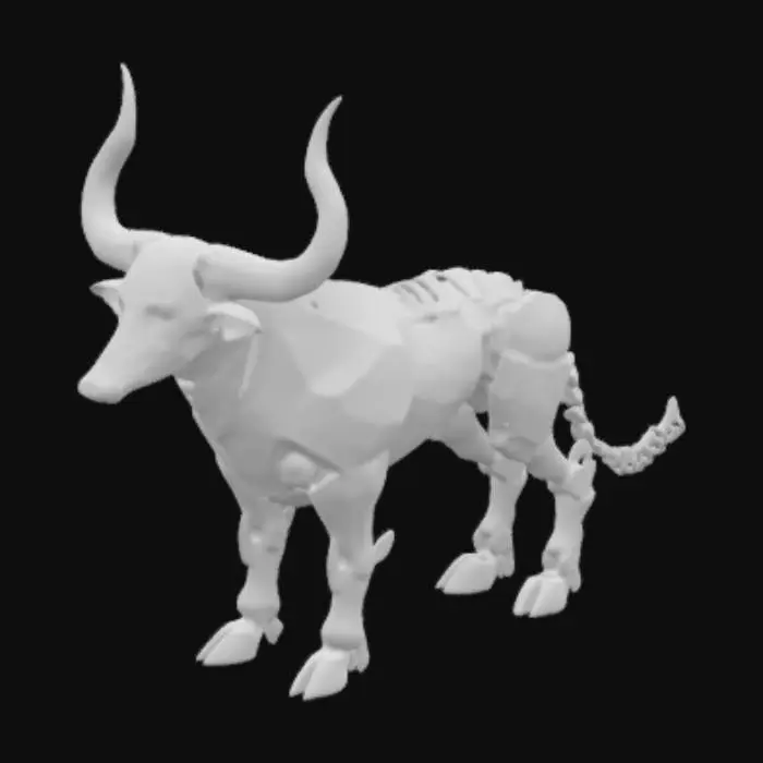 3D model for El modelo 3D de un toro tecnológico combina fuerza y modernidad con un diseño futurista. Su cuerpo es robusto y angular, con placas metálicas segmentadas que imitan músculos. La cabeza es aerodinámica, con ojos brillantes de luz LED y un hocico con ventilaciones o circuitos visibles. Los cuernos afilados tienen un acabado metálico pulido, emitiendo un resplandor sutil. Sus patas son mecánicas con articulaciones reforzadas, y su cola es flexible, con cables o tubos de energía en la punta.