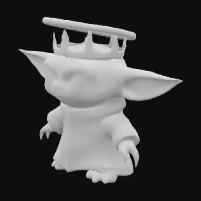 3D model for sin los cuernos de arriba,con una corona circular levitanto en su cabeza como si estuviera volando con la cara de baby Joda