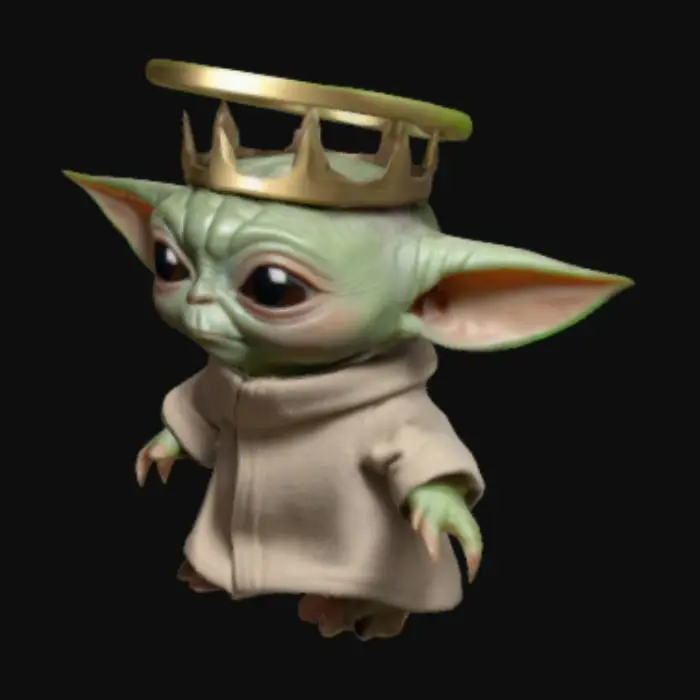 3D model for sin los cuernos de arriba,con una corona circular levitanto en su cabeza como si estuviera volando con la cara de baby Joda