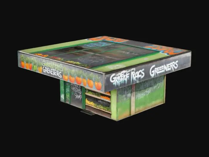 3D model for An urban greengrocers shop, graffiti, shop sign, glass door