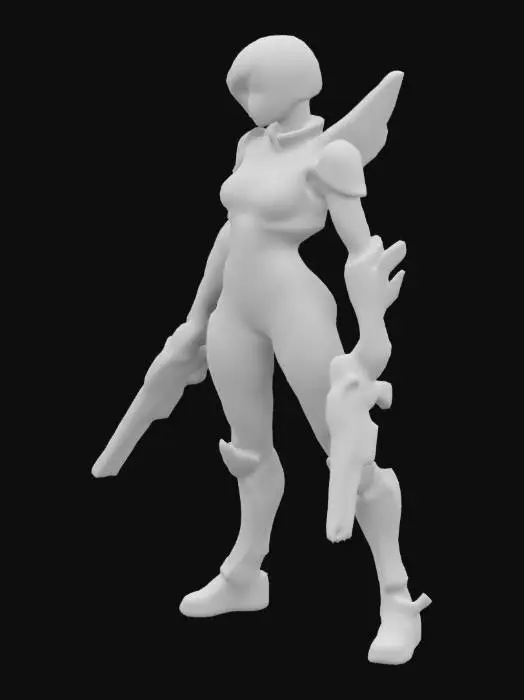 3D model for A battle-hardened female warrior stands in a neon-lit dystopian city. With short hair and a scarred cheek, she exudes resilience. Her sleek, functional armor combines lightweight plating with a flexible bodysuit. She wields two streamlined sci-fi weapons, glowing faintly but not overly detailed. Her stance is strong and ready for action. The cyberpunk skyline, flickering holograms, and rain-soaked streets enhance her fierce, no-nonsense presence