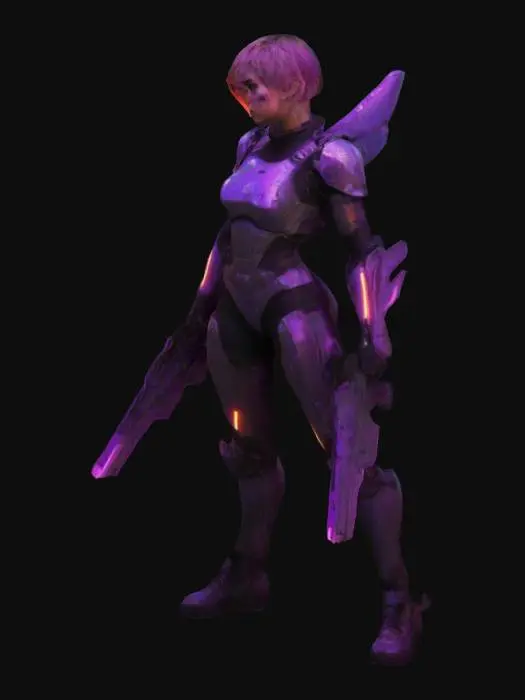 3D model for A battle-hardened female warrior stands in a neon-lit dystopian city. With short hair and a scarred cheek, she exudes resilience. Her sleek, functional armor combines lightweight plating with a flexible bodysuit. She wields two streamlined sci-fi weapons, glowing faintly but not overly detailed. Her stance is strong and ready for action. The cyberpunk skyline, flickering holograms, and rain-soaked streets enhance her fierce, no-nonsense presence