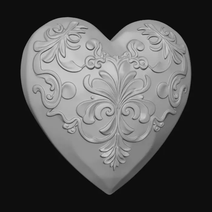 3D model for Make a pretty pink valentines day heart. Make it pink on the base. On the surface have raised stenciling that is pretty in a pretty pattern and make this a different color than the heart. Have the pattern on the whole heart. Do not have it on a pedestal, have it be the only object. Make it have smooth edges all around