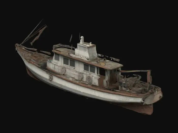 3D model for Floridian large Fisher boat inspired by 1975 film JAWS. high quality,very detailed. 4k high quality color texture. Unreal engineer quality game ready 3d model, ultra complex details for OctaneRender .should have a precise sharp edges and well-defined vertices.texture 2k hd. 70's Dark fantastic film style