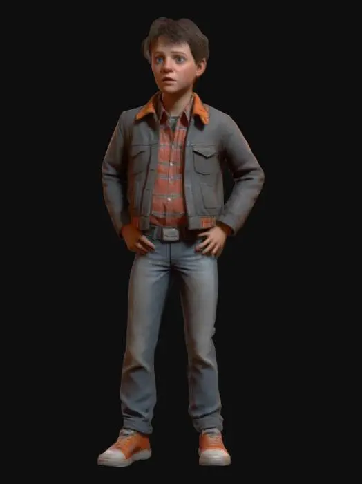 3D model for Very fun "young marty caracter" in the film " Back to the futur 2" style:1.9,Unreal engineer quality game ready caracter, ultra complex details for OctaneRender .should have a precise sharp edges and well-defined vertices. Ultra-realistic style, high quality.textured 4k:1.9