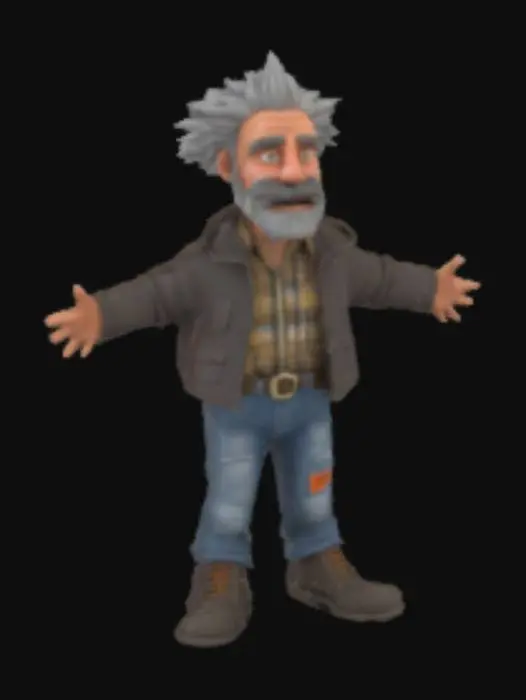 3D model for A Homeless man inspired by " Sam Eliott ", in game ready T-pose , in 70's vétéran urban clothing style, middle short grey hair . In funny cartoon 3d octane render style
