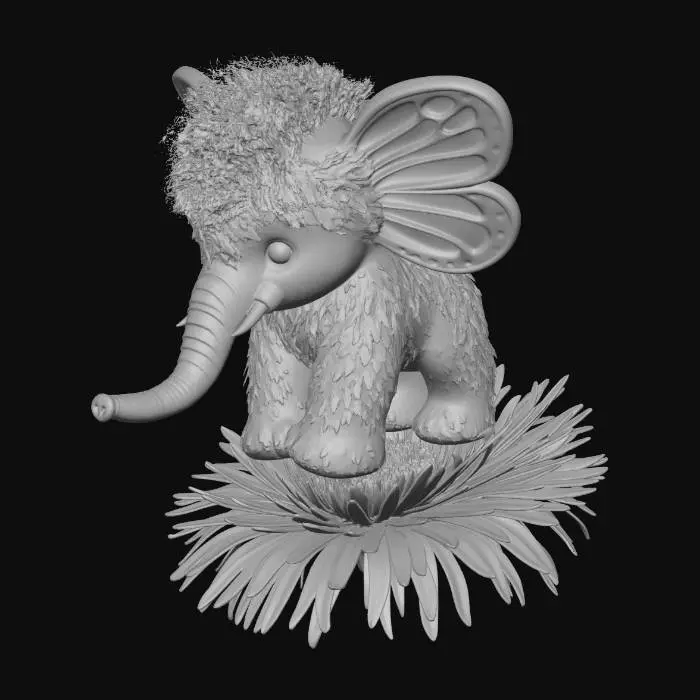 3D model for Ein Elefant in der Größe eines Schmetterlings. Er hat große Schmetterlings Flügel und ist flauschig behaart. Der Rest ist aber original ein Elefant. Es sitzt mit ausgebreiteten Schmetterlings Flügel auf einer Löwenzahn Blume. Es ist abend und seine bunten Flügel leuchten.
