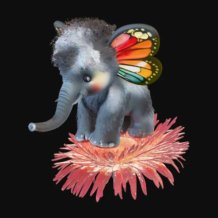 3D model for Ein Elefant in der Größe eines Schmetterlings. Er hat große Schmetterlings Flügel und ist flauschig behaart. Der Rest ist aber original ein Elefant. Es sitzt mit ausgebreiteten Schmetterlings Flügel auf einer Löwenzahn Blume. Es ist abend und seine bunten Flügel leuchten.