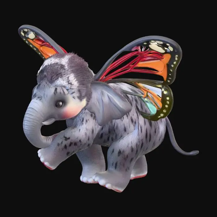 3D model for Ein Elefant in der Größe eines Schmetterlings. Er hat große Schmetterlings Flügel und ist flauschig behaart. Der Rest ist aber original ein Elefant. Die Flügel sind jeweis so groß wie das tier an sich. Es sitzt mit ausgebreiteten Schmetterlings Flügel auf einer Löwenzahn Blume und saugt Nektar aus der Blüte. Die Flügel Flureszieren. Fotorealistisch gerender in höchste detailstufe.