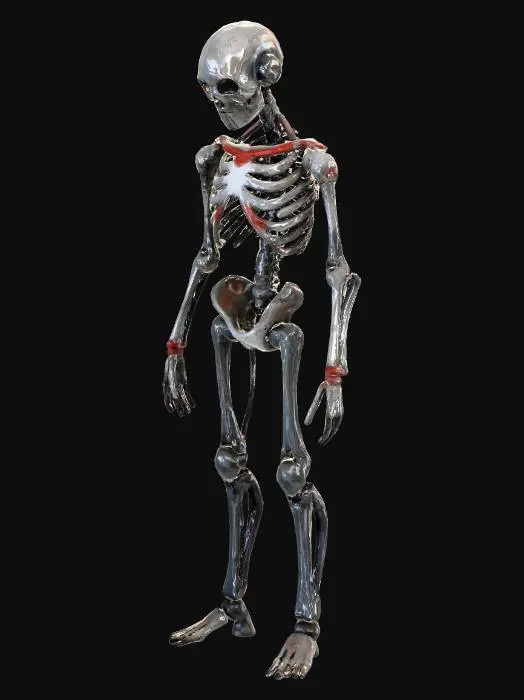 3D model for A skinny, incomplete skeleton android robot. Exposed wires in torso and arms. No armor plating, just raw grey mechanical parts. Head is a smooth featureless blank sensor plate (no face, no eyes). Hunched, weak posture. Style: dark, low poly, angular game asset.