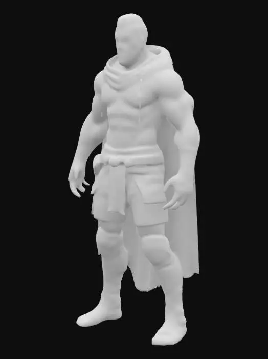 3D model for nude male cyberpunk character, muscular body with visible cybernetic implants across chest, arms and hips, leather harness belts with metal rings, dark hooded cloak draped over shoulders, glowing tattoos along spine and collarbone, facial piercings and scars, short spiked haircut, cyber visor over one eye, dark industrial corridor with glowing neon tubes in background, standing in confident relaxed pose, light reflecting off synthetic skin and metal, stylized 3D figure, cinematic lighting, 8:16 vertical frame