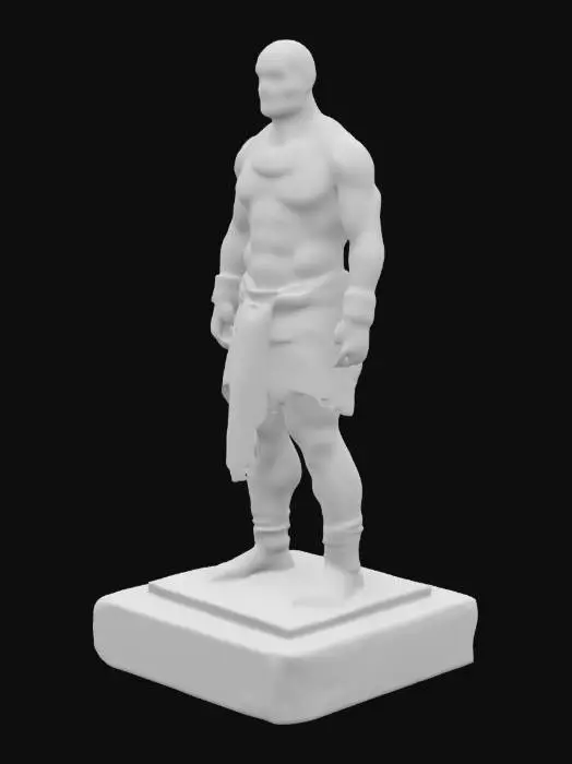 3D model for bare-chested warrior rising from stone sarcophagus, dirt and moss on skin, thick arms and heavy chest, open mouth releasing ancient breath, cracked skin revealing glowing lines beneath, ancient bracelets and collar, standing pose with clenched fists, broken pedestal base, cinematic temple light, 8:16 stylized figurine