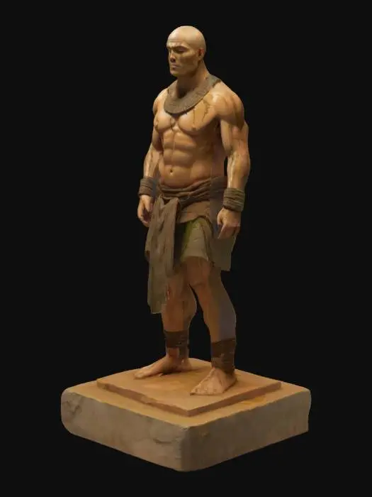 3D model for bare-chested warrior rising from stone sarcophagus, dirt and moss on skin, thick arms and heavy chest, open mouth releasing ancient breath, cracked skin revealing glowing lines beneath, ancient bracelets and collar, standing pose with clenched fists, broken pedestal base, cinematic temple light, 8:16 stylized figurine