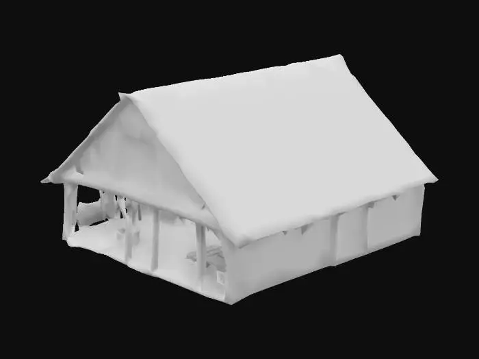 3D model for Stylized object is a rustic wooden storehouse with a triangular roof, geometric angular structures, and a textured surface of wooden planks and logs. Model is fit for use in Unreal Engine 5 and have dimensions of 400cm x 300cmFocus on large open space for storing logs, stones and other materials and smaller, wooden building that should accommodate the workers. Draw inspirations from real life storehouses that were present in the Carribean in the XVIII century in the less developed areas. 