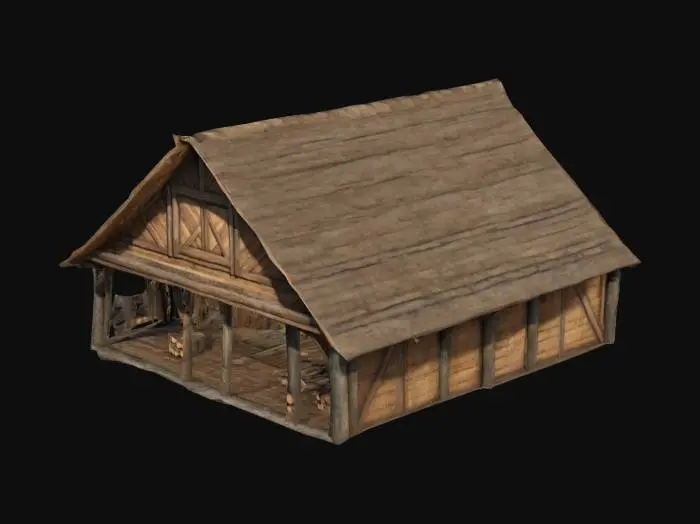 3D model for Stylized object is a rustic wooden storehouse with a triangular roof, geometric angular structures, and a textured surface of wooden planks and logs. Model is fit for use in Unreal Engine 5 and have dimensions of 400cm x 300cmFocus on large open space for storing logs, stones and other materials and smaller, wooden building that should accommodate the workers. Draw inspirations from real life storehouses that were present in the Carribean in the XVIII century in the less developed areas. 