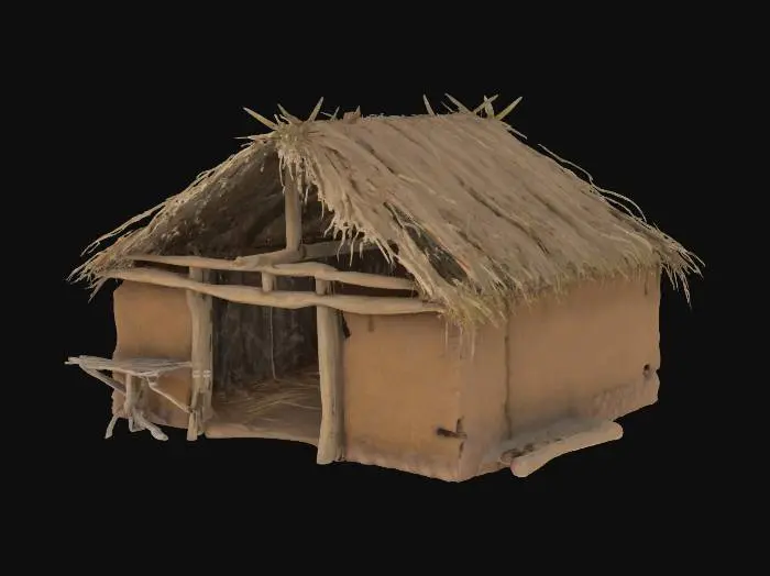 3D model for Stylized object is a rustic dirt hut with palm leaves roof, textured surface of dried out dirt with wooden skeleton. Model is fit for use in Unreal Engine 5 and have dimensions of 200cm x 200cm. Draw inspirations from real life poor huts that were present in the Carribean in the XVIII century in the less developed areas. 