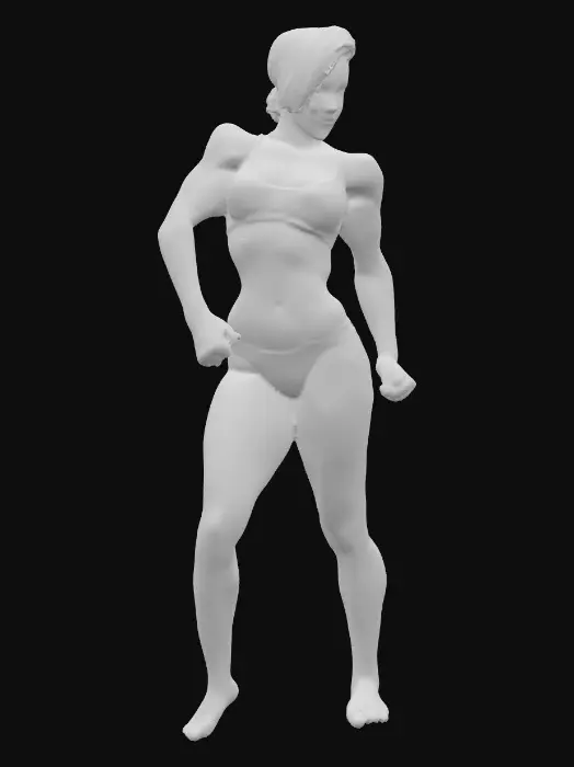 3D model for A dynamic, athletic woman model with a muscular yet lean build, showcasing well-defined arms and legs. Her short, textured hair frames a determined face with sharp, focused eyes and a strong jawline. Her skin has a healthy, slightly tanned tone, and her expression is one of readiness and strength. She stands in an active pose, ready to move.