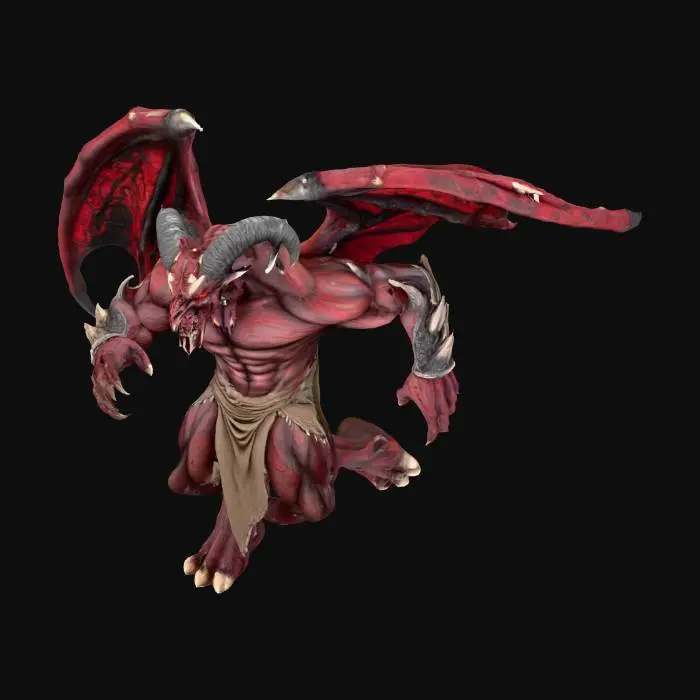 3D model for #villain#, highly detailed model of a dark feral monster demon gargoyle Baphomet, dark red, black skin, a large kaiju demon monster with large pectoral muscles, dominant feral dinosaur species, realistic dinosaur skin, wings, claws, bipedal ungulate Baphomet demon, goat demon with horns, goat skull head, hollow glowing eyes, dark forest creature, monstrous minotaur villain wearing only a loincloth, primal, ancient, paleolithic dinosaur creature, realistic demon with furry hooves, ox tail, taurus demon, male Baphomet form, standing, T-pose