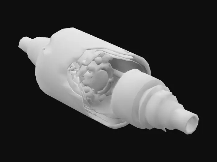 3D model for A broken quantum fuse, its casing fractured, revealing delicate energy conductors. Sci-Fi, Cyberpunk, Industrial, Ultra Realistic.