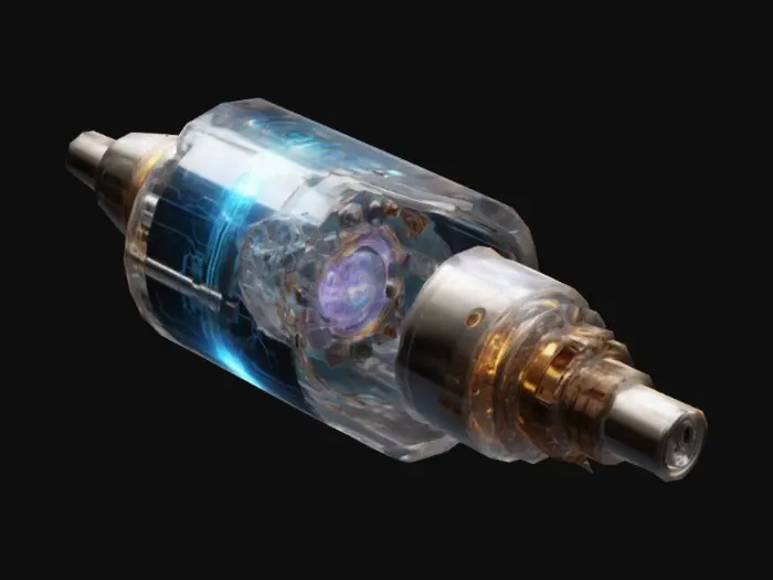 3D model for A broken quantum fuse, its casing fractured, revealing delicate energy conductors. Sci-Fi, Cyberpunk, Industrial, Ultra Realistic.