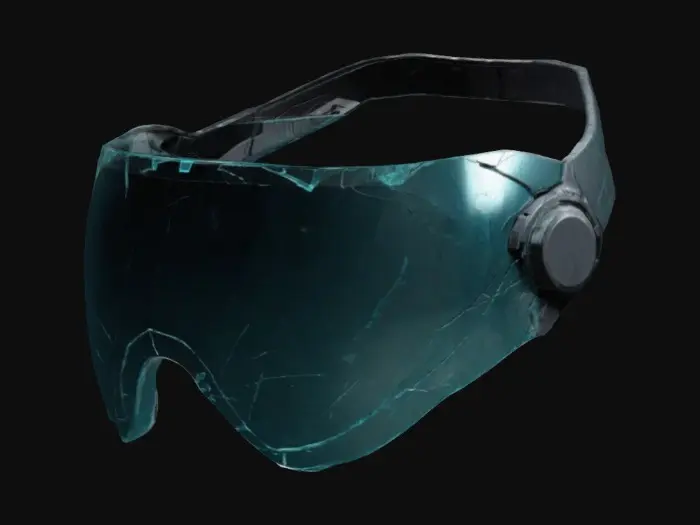 3D model for A cracked cybernetic visor once used for augmented reality, shattered glass and exposed microchips. Sci-Fi, Dystopian, Ultra Realistic.