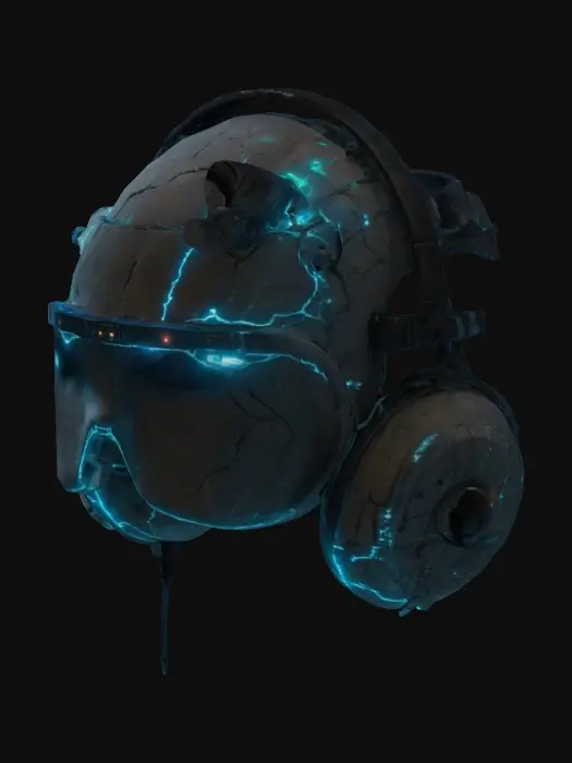 3D model for A broken neural communication headset, missing key components. Sci-Fi, Cyberpunk, Highly Detailed.
