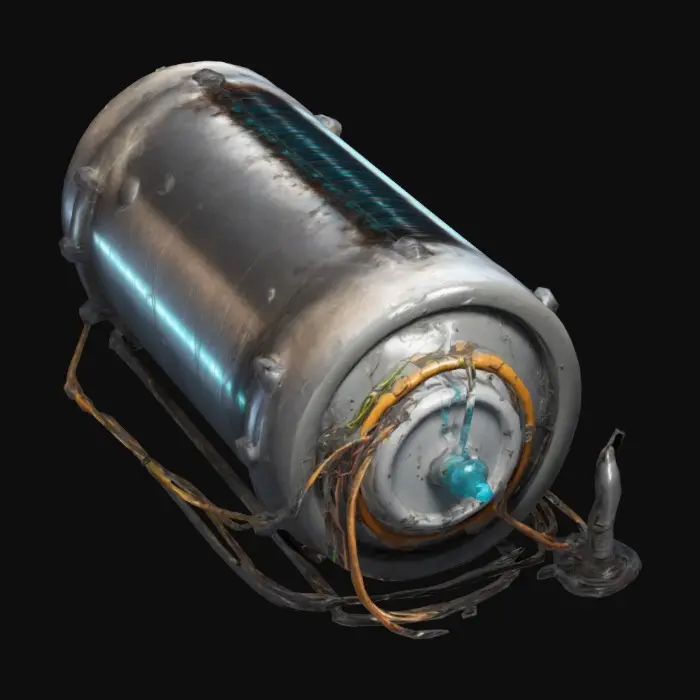 3D model for A discarded energy cell, with leaking fluid and disconnected wires. Sci-Fi, Industrial, Post-Apocalyptic.