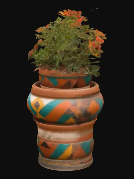 3D model for A flower pot that holds 4 flowers in diffirent sections on step like levels from the modern era, mexico, aztec, pyramids
