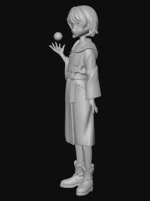 3D model for A young magician girl living in a fantasy world, age around 12–14. She has a calm and kind personality. Simple short hair, natural colors, no fancy hairstyle. Wearing simple fantasy clothes like a plain robe, belt, and boots, practical and not flashy. She can use elemental magic such as healing, water, fire, and earth. Soft magical glow around her hands, gentle effects, not overpowered. Anime-style character, clean line art, soft shading, 2D illustration look, suitable as a 3D model reference, simple design, front view, neutral pose, fantasy background, wholesome and innocent mood.