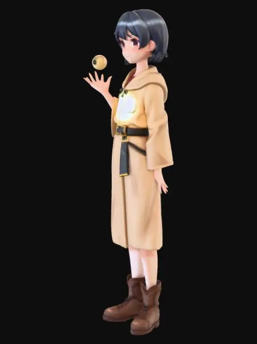 3D model for A young magician girl living in a fantasy world, age around 12–14. She has a calm and kind personality. Simple short hair, natural colors, no fancy hairstyle. Wearing simple fantasy clothes like a plain robe, belt, and boots, practical and not flashy. She can use elemental magic such as healing, water, fire, and earth. Soft magical glow around her hands, gentle effects, not overpowered. Anime-style character, clean line art, soft shading, 2D illustration look, suitable as a 3D model reference, simple design, front view, neutral pose, fantasy background, wholesome and innocent mood.