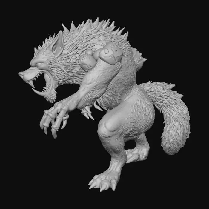 3D model for A terrifying werewolf cyborg, its powerful, muscular frame a grotesque fusion of matted, dark grey fur and gleaming, chrome-plated cybernetic enhancements. One arm is entirely metallic, ending in sharp, articulated claws that hum with concealed power, while the other is covered in dense, organic fur with bone-crushing talons. Exposed hydraulic pistons replace ligaments in its legs, giving it an unnerving, powerful gait. Its snarling maw reveals both razor-sharp fangs and metallic dental implants, and one eye glows with a piercing red optical sensor amidst the feral, yellow glow of the other. Its texture is a jarring mix of coarse fur, scarred synthetic muscle, and polished, battle-worn steel.