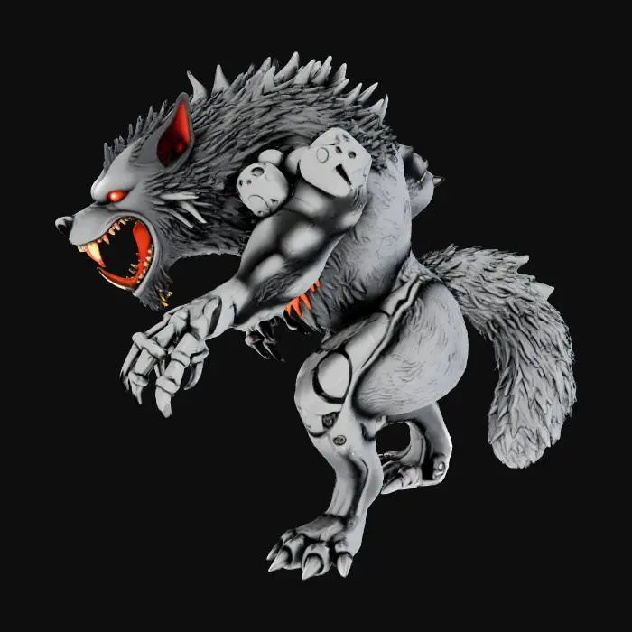3D model for A terrifying werewolf cyborg, its powerful, muscular frame a grotesque fusion of matted, dark grey fur and gleaming, chrome-plated cybernetic enhancements. One arm is entirely metallic, ending in sharp, articulated claws that hum with concealed power, while the other is covered in dense, organic fur with bone-crushing talons. Exposed hydraulic pistons replace ligaments in its legs, giving it an unnerving, powerful gait. Its snarling maw reveals both razor-sharp fangs and metallic dental implants, and one eye glows with a piercing red optical sensor amidst the feral, yellow glow of the other. Its texture is a jarring mix of coarse fur, scarred synthetic muscle, and polished, battle-worn steel.