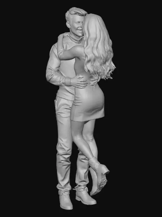 3D model for A joyous young couple is captured in a playful embrace, the woman lifted by the man, both clad in sleek black attire contrasting with their natural skin. She wears a smooth turtleneck, textured faux-leather skirt, and chunky boots; he, a fitted turtleneck and dark trousers. Behind them, Big Ben rises, a towering, slender clock tower of light-colored, intricately carved stone with gothic details and prominent clock faces. Adjacent, the Palace of Westminster displays vast stone structures with turrets and arched windows, above a multi-arched stone bridge spanning a dark river under a grey sky.