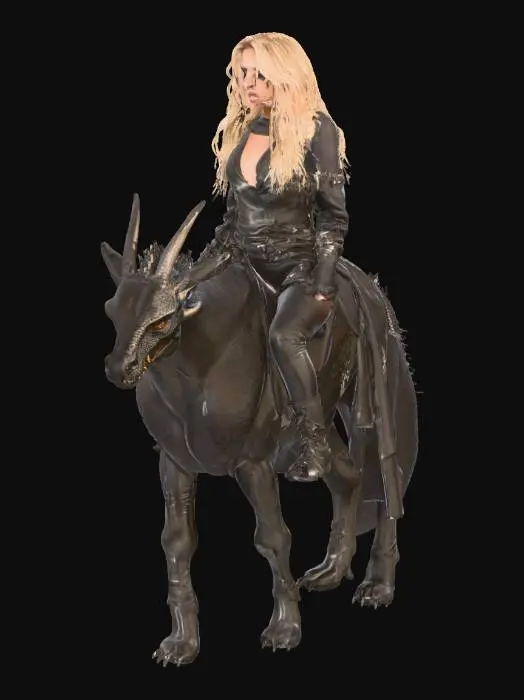 3D model for Blonde girl on black dragon, black leather dress, thigh-length boots, whip in one hand, smoky eyes, smoky sky, full body, full view, hyperrealistic