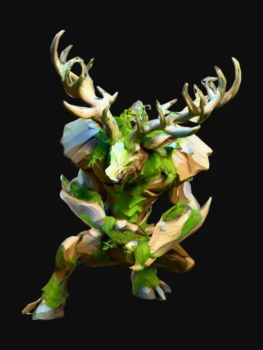 3D model for A low-poly fantasy forest creature inspired by a stag.
The creature has a massive, sturdy body with short powerful legs, built like a tank.
Its skin looks like tree bark mixed with stone.
Large branching antlers made of twisted wood, with small leaves and moss.
Soft glowing green eyes, magical forest spirit feeling.
Stylized proportions, exaggerated antlers and shoulders.
Simple geometric shapes, clean topology, game-ready model.
Neutral standing pose, full body visible.
Low poly style.
Avoid realism and hyper-detailed textures.
No fur, no hair, no weapons, no armor, no humanoid face.