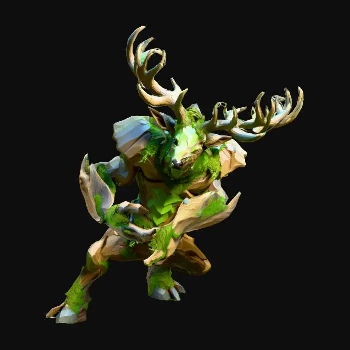 3D model for A low-poly fantasy forest creature inspired by a stag.
The creature has a massive, sturdy body with short powerful legs, built like a tank.
Its skin looks like tree bark mixed with stone.
Large branching antlers made of twisted wood, with small leaves and moss.
Soft glowing green eyes, magical forest spirit feeling.
Stylized proportions, exaggerated antlers and shoulders.
Simple geometric shapes, clean topology, game-ready model.
Neutral standing pose, full body visible.
Low poly style.
Avoid realism and hyper-detailed textures.
No fur, no hair, no weapons, no armor, no humanoid face.