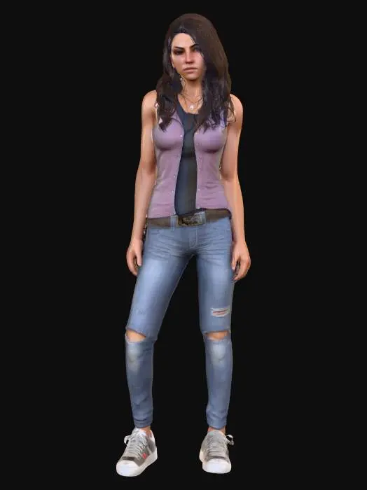 3D model for Lucia (GTA 6). Athletic Latina female body, realistic proportions, upright stance with natural posture. Highly detailed, cinematic realism. Defined facial features: strong jawline, expressive eyes, confident, tough expression. Long dark wavy hair, partially tied back with natural shading. Outfit: modern streetwear — fitted tank top, slim ripped jeans, sneakers with worn texture. Accessories: simple necklace, belt. Surfaces smooth yet detailed with sharp, clean lines. Walls and features minimum 2mm thick. Bold recessed features 2mm deep, embossed details 2mm above surface. Style gritty yet charismatic, capturing her realistic personality as shown in GTA 6 trailers. DND.