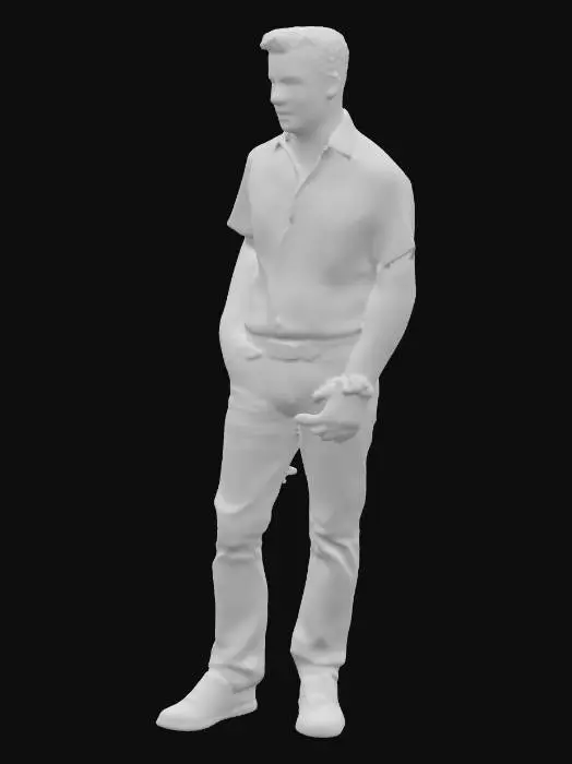 3D model for Tommy Vercetti (GTA Vice City). Tall, muscular male body, realistic proportions, upright stance with confident posture. Highly detailed, realistic style. Defined facial features: sharp jawline, slicked-back dark hair, stern expression. Outfit: iconic teal Hawaiian shirt with palm patterns, open collar; blue jeans with natural folds; white sneakers with subtle wear. Accessories: wristwatch, chain necklace. Surfaces smooth yet detailed with sharp, clean lines. Walls and features minimum 2mm thick. Bold recessed features 2mm deep, embossed details 2mm above surface. Style gritty 1980s Miami aesthetic, capturing his charismatic yet menacing personality. DND.