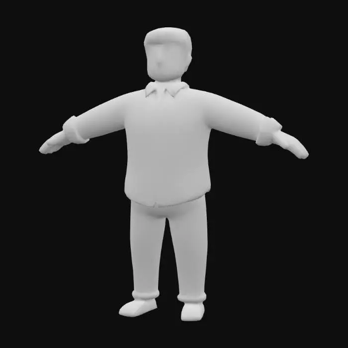 3D model for Un personaggio maschile dalla statura media e corporatura robusta, modellato in una posa a "A" rilassata, con braccia leggermente divaricate. Indossa una semplice camicia a quadri dai toni caldi e jeans leggermente ampi ma non eccessivi, tutti con una finitura morbida e forme semplificate. La superficie è liscia con dettagli minimi, evocando uno stile low-poly pulito e amichevole, senza eccessiva complessità, ideale per la rigatura e l'animazione.