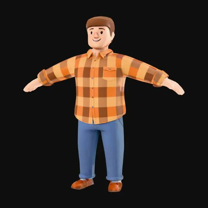 3D model for Un personaggio maschile dalla statura media e corporatura robusta, modellato in una posa a "A" rilassata, con braccia leggermente divaricate. Indossa una semplice camicia a quadri dai toni caldi e jeans leggermente ampi ma non eccessivi, tutti con una finitura morbida e forme semplificate. La superficie è liscia con dettagli minimi, evocando uno stile low-poly pulito e amichevole, senza eccessiva complessità, ideale per la rigatura e l'animazione.