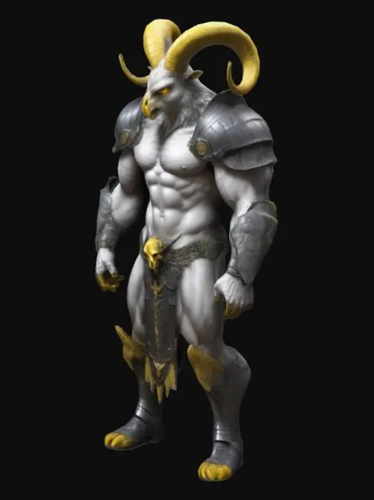 3D model for a muscular, anthropomorphic baphomet with a humanoid body and baphomet's  head. in military armor. The owl has yellow eyes, white feathers, and sharp talons. Its muscular physique is accentuated by its defined abs, biceps, triceps, and quadriceps. 