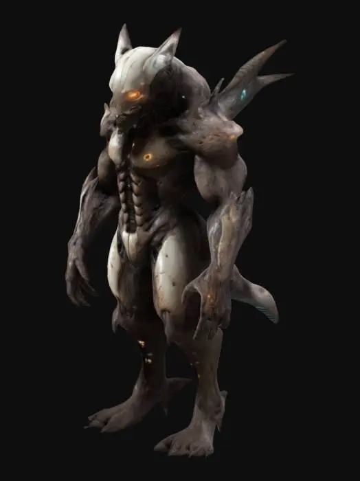 3D model for a muscular ,anthropomorphic , sci-fi decrepit and emaciated humanoid creature , half man half machine, inspired by dead space necromorph, intended, coming from other corners of a distant galaxy, skin is dotted with burns and cracks, eyes blazing with pale and dead light, on which are shining runes, extremely details, high resolution texture,wolf head, owl eyes,yellow eyes, white feathers, and sharp talons. Its muscular physique is accentuated by its defined abs, biceps, triceps, and quadriceps.