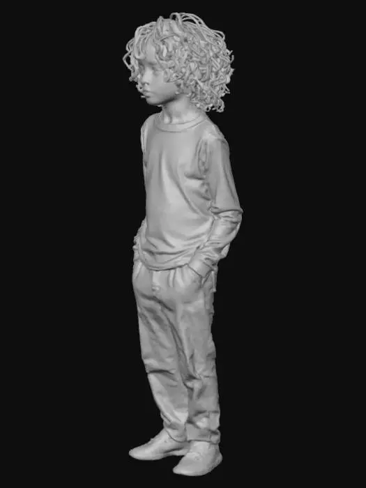 3D model for A thin, pale young man in the style of Tim Burton, gothic, melancholic, big expressive sunken eyes, long sharp features, Tim Burton's character design, stop-motion animation style, dark whimsy, striped clothing, monochromatic color scheme with a single accent color, curly untidy black hair, surreal background, cinematic lighting, low angle shot., #Halloween2025#