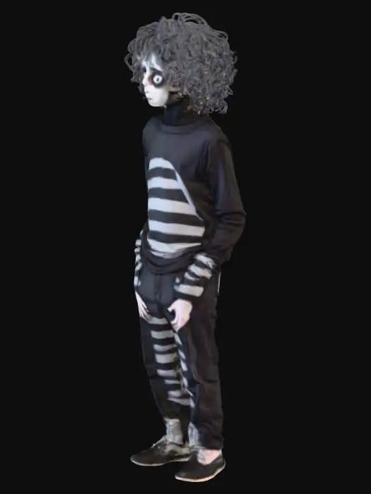 3D model for A thin, pale young man in the style of Tim Burton, gothic, melancholic, big expressive sunken eyes, long sharp features, Tim Burton's character design, stop-motion animation style, dark whimsy, striped clothing, monochromatic color scheme with a single accent color, curly untidy black hair, surreal background, cinematic lighting, low angle shot., #Halloween2025#
