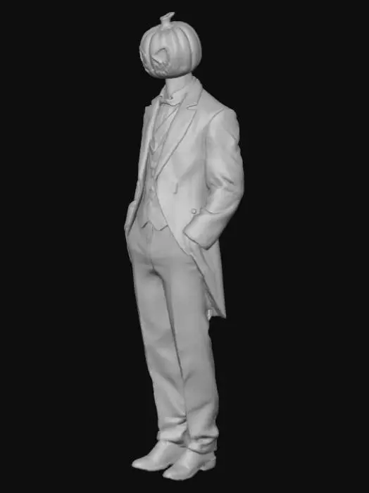 3D model for A melancholic man with a glowing jack-o-lantern for a head, in the style of Tim Burton. Character is wearing a elegant, tattered black Victorian suit with pinstripes. His body is tall, thin, and lanky. The pumpkin head has a intricately carved, sorrowful expression, with soft light emanating from within. The scene is a dark, misty graveyard with twisted, bare trees and swirling, stylized clouds. Cinematic lighting, gothic whimsy, stop-motion animation aesthetic, muted color palette with accents of orange glow and deep blues. --ar 9:16 --v 6.0 --style raw, #Halloween2025#