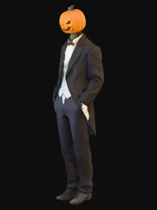 3D model for A melancholic man with a glowing jack-o-lantern for a head, in the style of Tim Burton. Character is wearing a elegant, tattered black Victorian suit with pinstripes. His body is tall, thin, and lanky. The pumpkin head has a intricately carved, sorrowful expression, with soft light emanating from within. The scene is a dark, misty graveyard with twisted, bare trees and swirling, stylized clouds. Cinematic lighting, gothic whimsy, stop-motion animation aesthetic, muted color palette with accents of orange glow and deep blues. --ar 9:16 --v 6.0 --style raw, #Halloween2025#