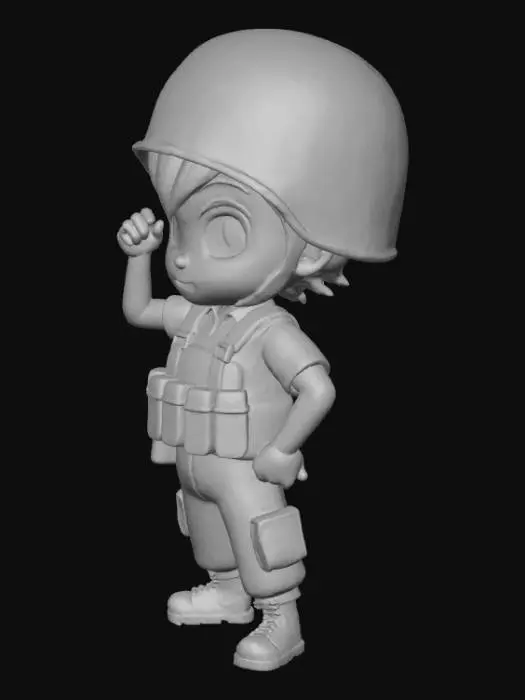 3D model for Низкополигональная, оптимизированная для игр 3D-модель солдата, идеально подходящая для веб-игр на Unity. Персонаж одет в стилизованную военную форму с короткими рукавами и упрощенной блочной геометрией. На груди заметна пулеметная лента. Текстура чистая и оптимизированная, с приглушенными зелеными, коричневыми и серыми цветами камуфляжа. Модель находится в нейтральной, но боевой позе, разработанной для эффективного рендеринга.