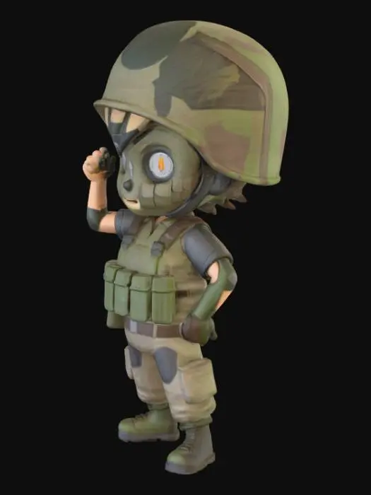 3D model for Низкополигональная, оптимизированная для игр 3D-модель солдата, идеально подходящая для веб-игр на Unity. Персонаж одет в стилизованную военную форму с короткими рукавами и упрощенной блочной геометрией. На груди заметна пулеметная лента. Текстура чистая и оптимизированная, с приглушенными зелеными, коричневыми и серыми цветами камуфляжа. Модель находится в нейтральной, но боевой позе, разработанной для эффективного рендеринга.